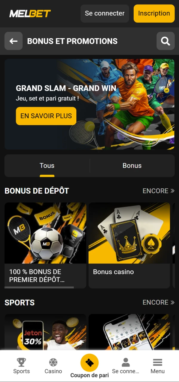Retrouvez tous les bonus dans le menu de l'application Melbet.