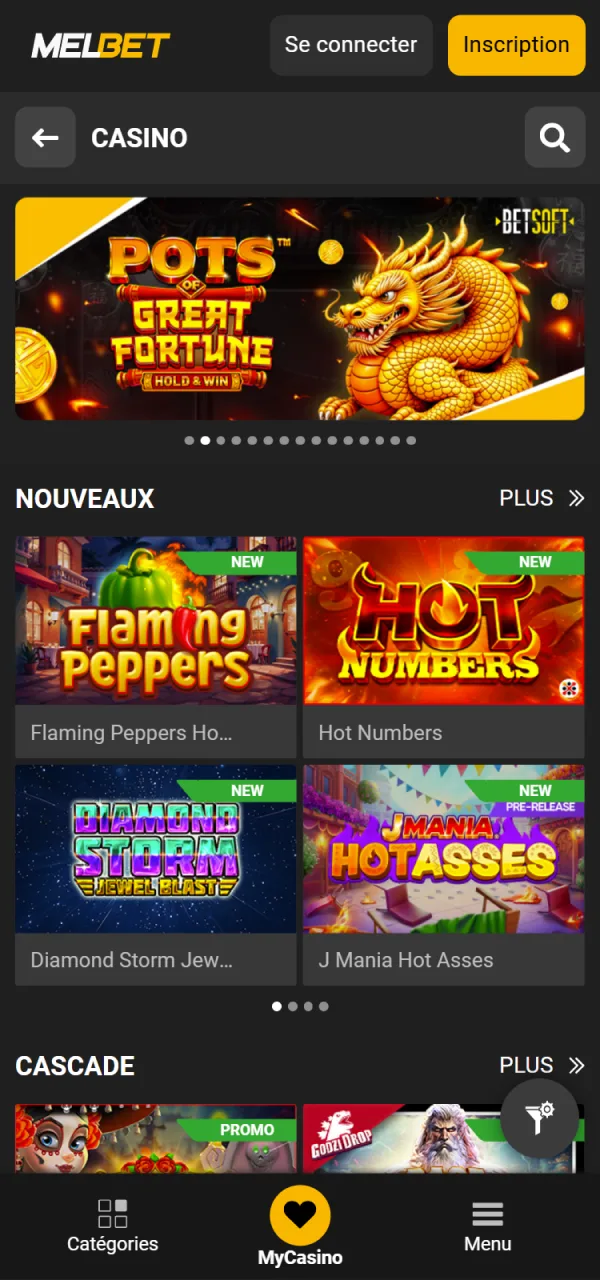 Accédez aux jeux du casino Melbet via l'application.