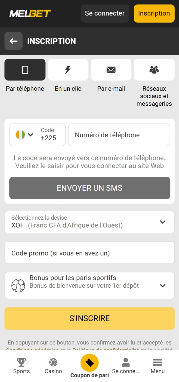 Utilisez l'application Melbet pour vous inscrire en ligne.