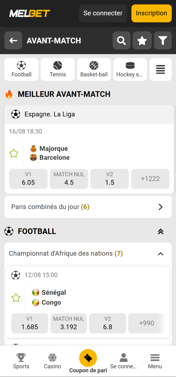 Naviguez facilement sur la page de l'application Melbet sports.