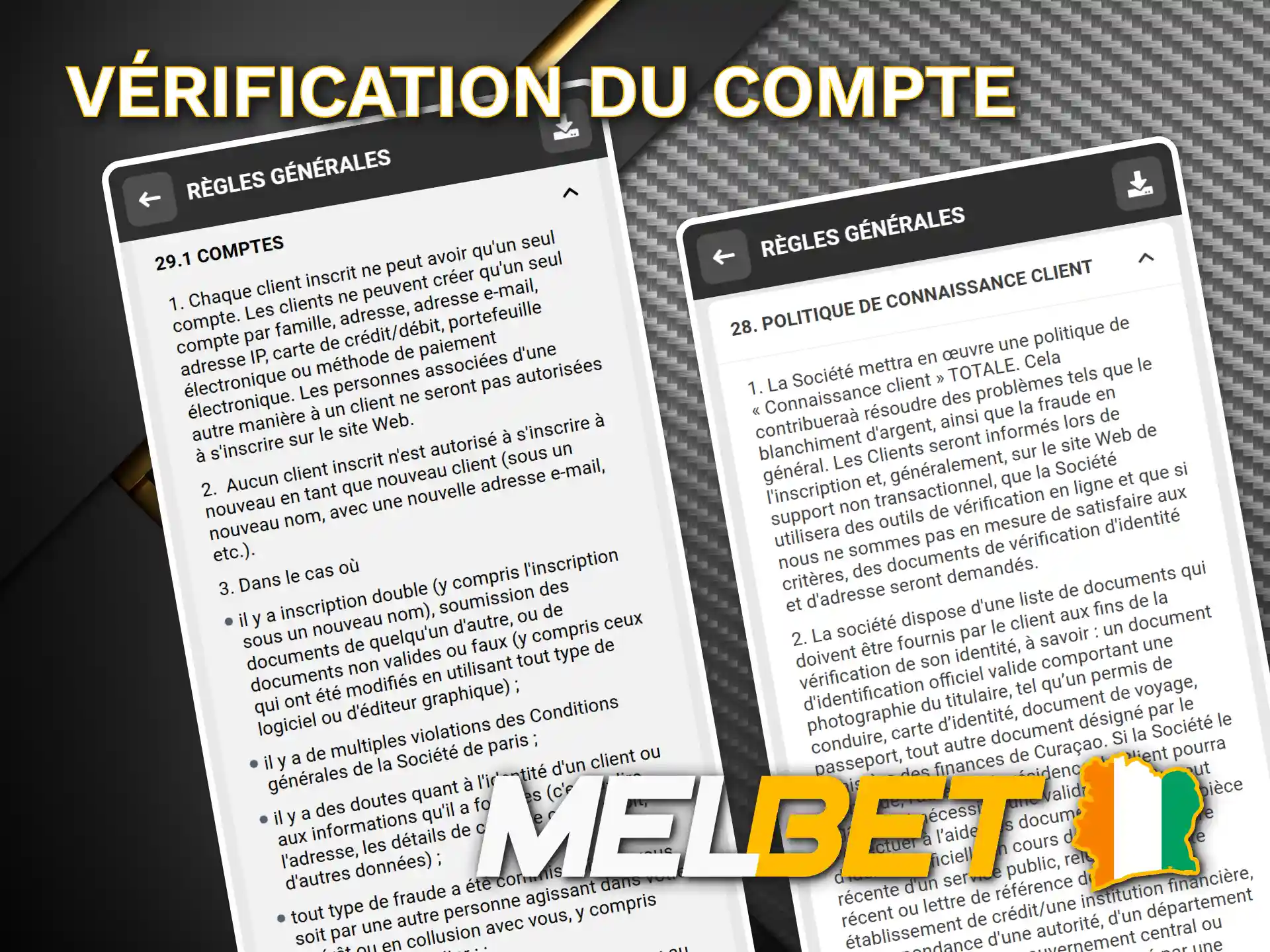 Vérifiez votre identité sur l'application mobile Melbet Côte d’Ivoire.