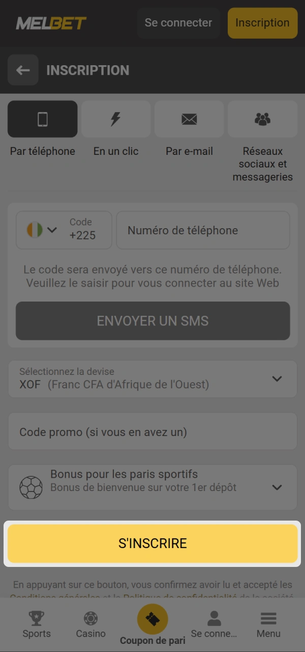 Terminez l'enregistrement de l'application Melbet en cliquant sur le bouton.