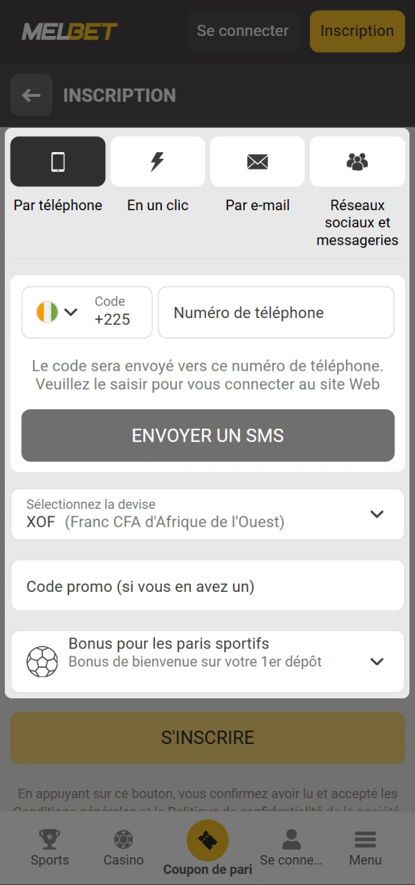 Remplissez tous les champs de votre compte Melbet Côte d’Ivoire.