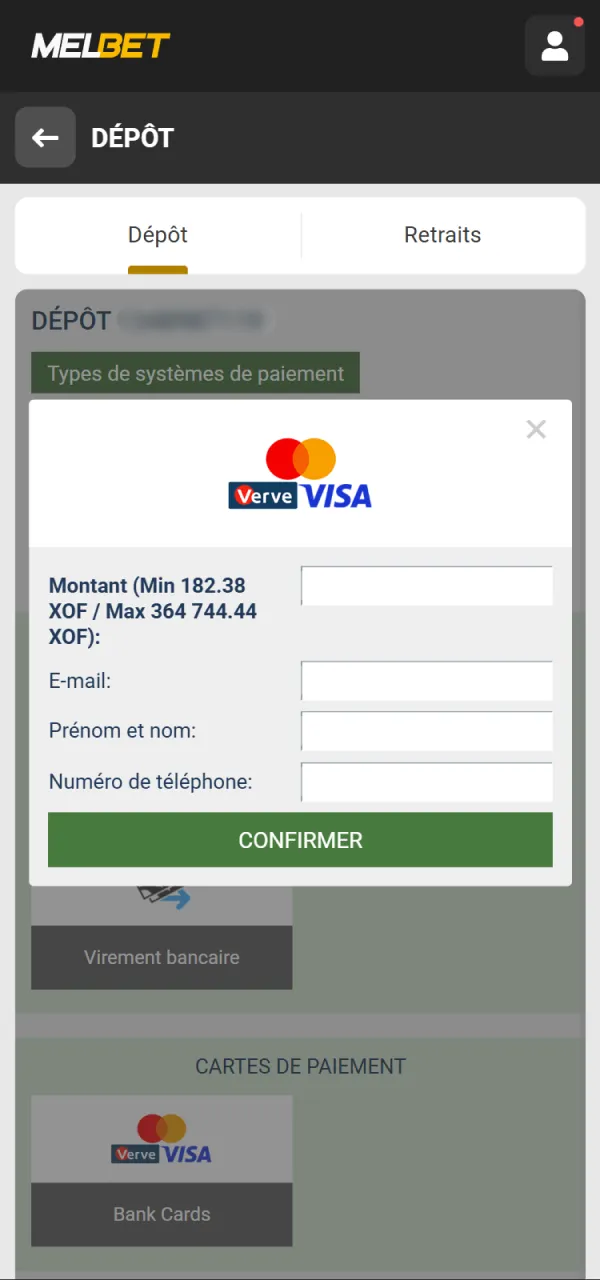 Effectuez un dépôt rapide sur l'application Melbet Côte d’Ivoire.