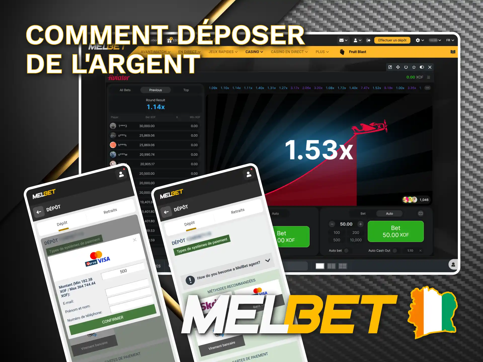 Approvisionnez votre compte Melbet pour jouer à Aviator en ligne.