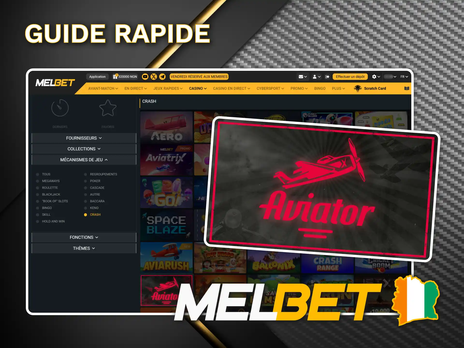 Retrouvez le jeu Aviator dans la rubrique Melbet casino.