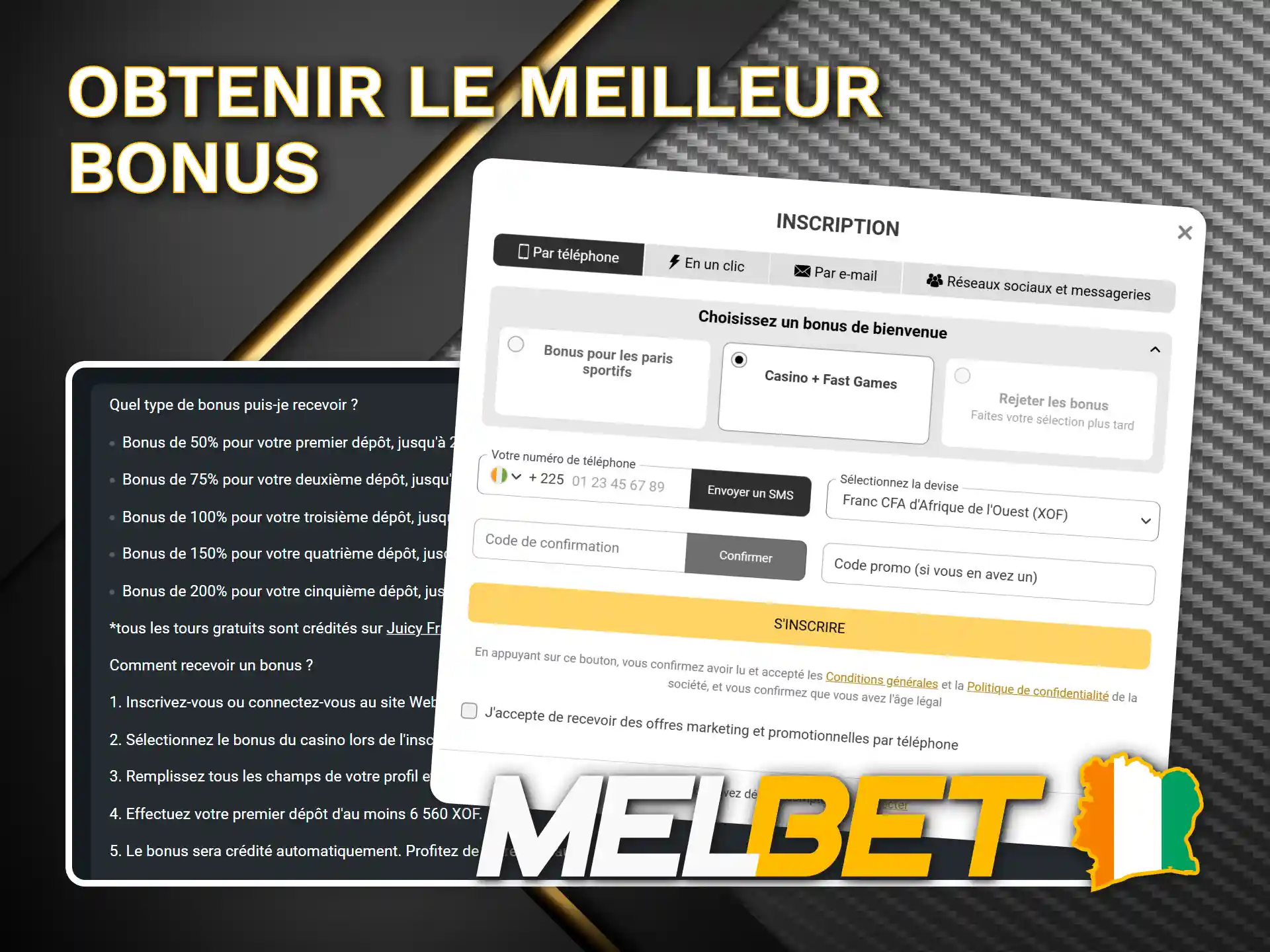 Activez votre bonus de casino lors de l'inscription à Melbet.