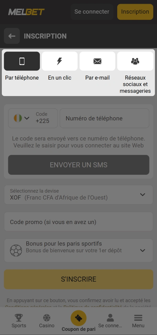 Sélectionnez votre méthode d'inscription sur le site Web de Melbet.