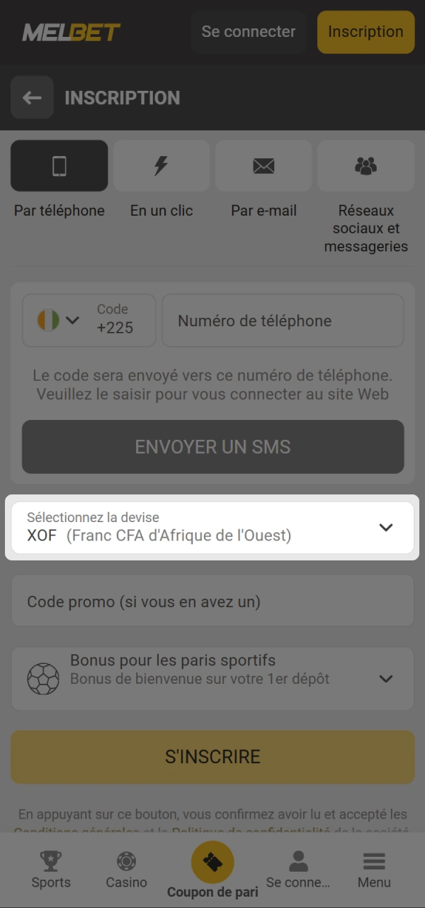 Indiquez votre pays et votre devise sur Melbet Côte d’Ivoire.