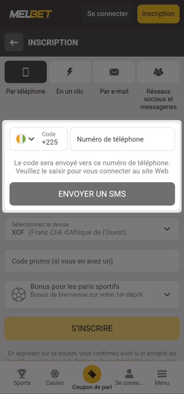 Remplissez les informations requises pour votre compte Melbet Casino.
