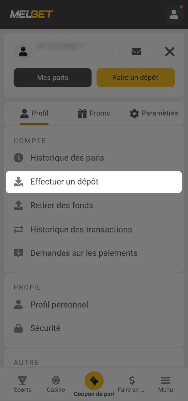 Accédez à la section de dépôt sur Melbet official.
