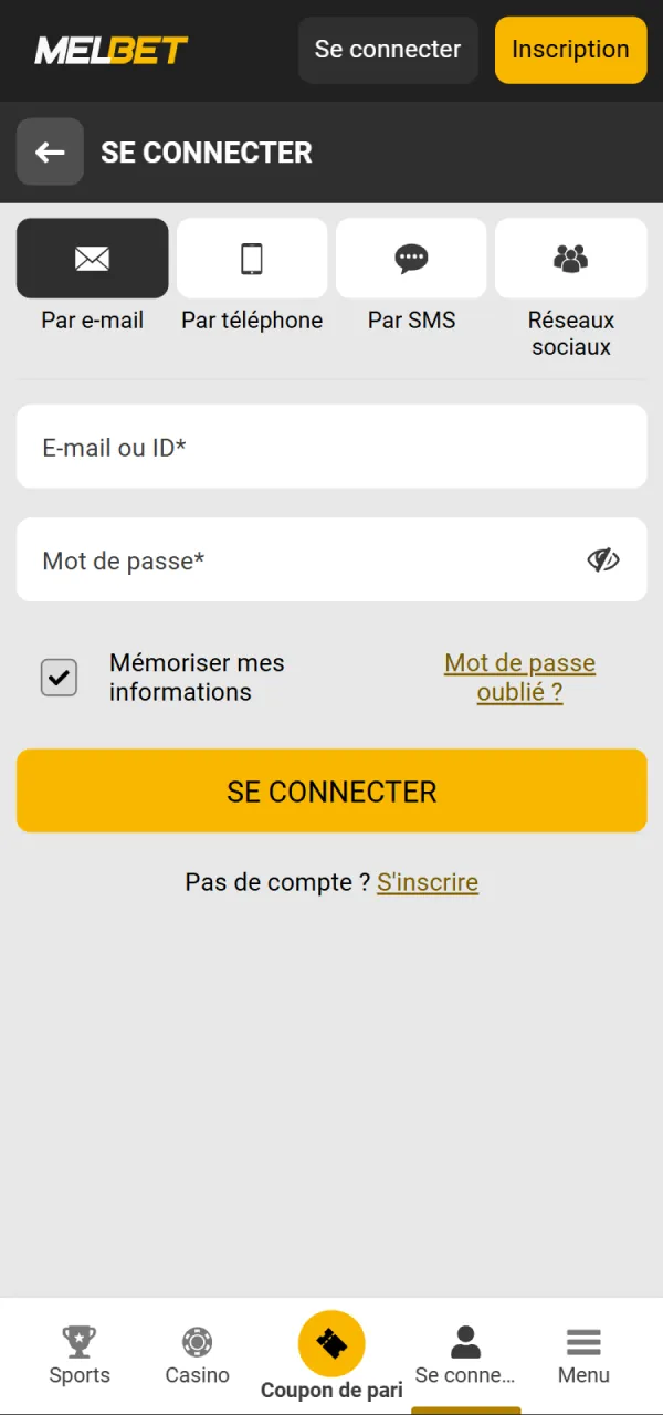 Connectez-vous à la plateforme Melbet pour effectuer un dépôt.