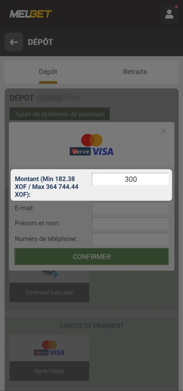 Entrez un montant de dépôt sur la plateforme Melbet.