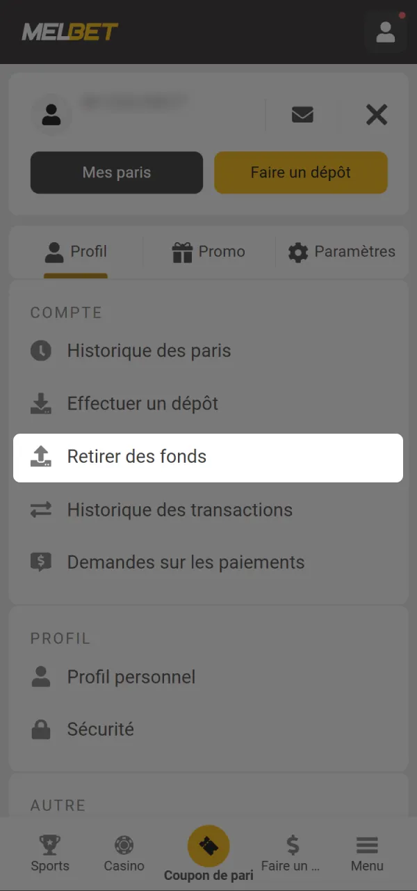 Ouvrez le menu de retrait dans votre compte Melbet.