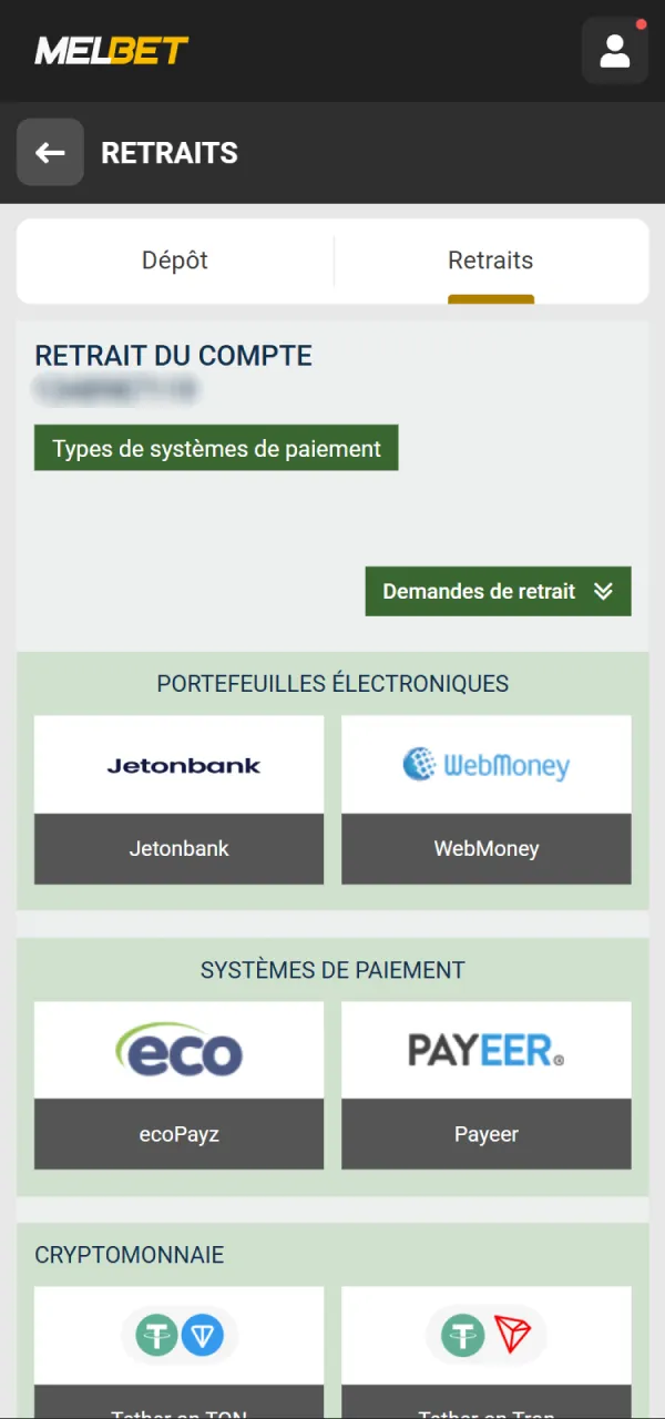 Sélectionnez votre option de retrait préférée sur Melbet Côte d’Ivoire.