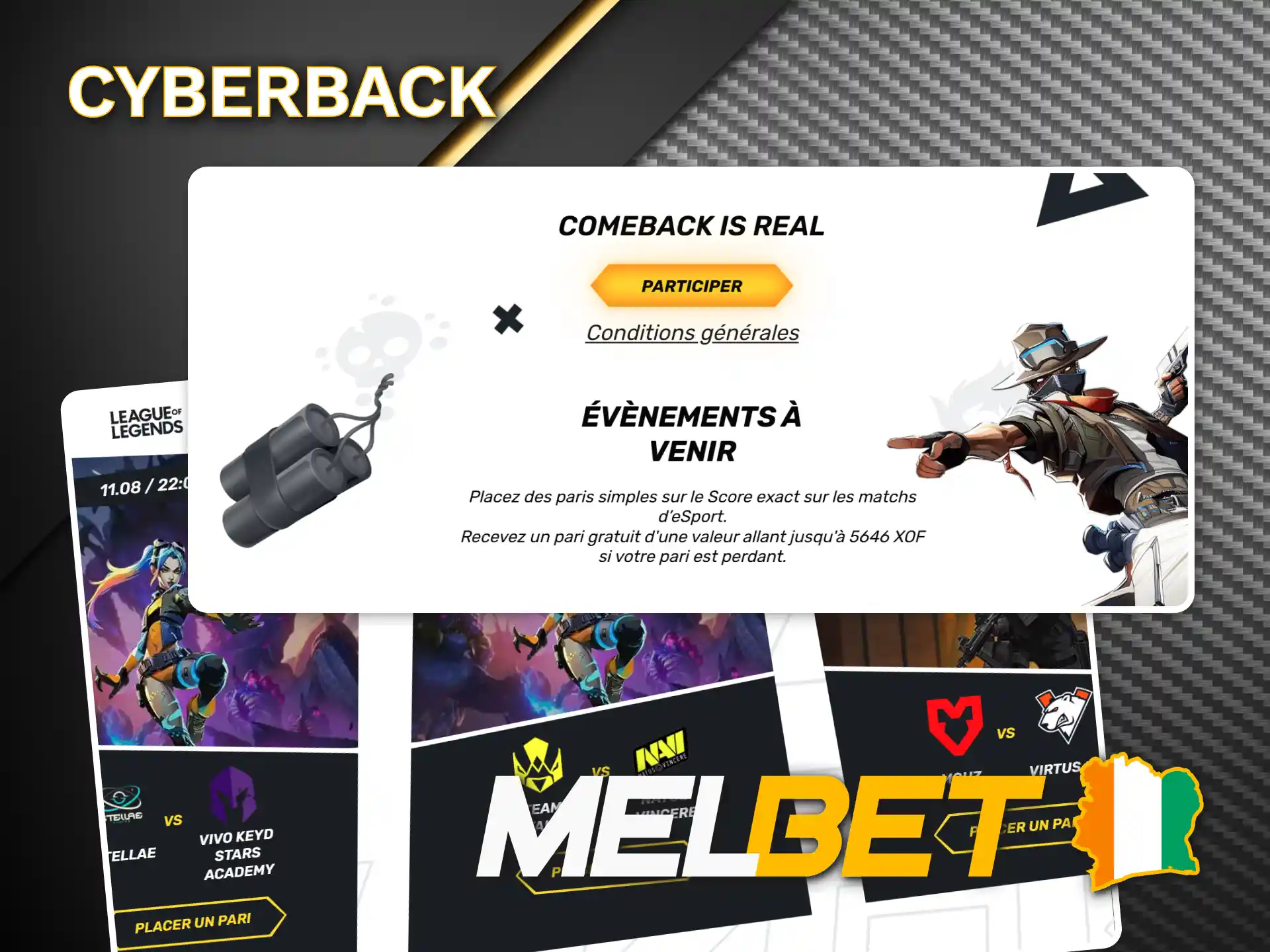 Gagnez un pari gratuit sur la promotion Cyberback de Melbet.