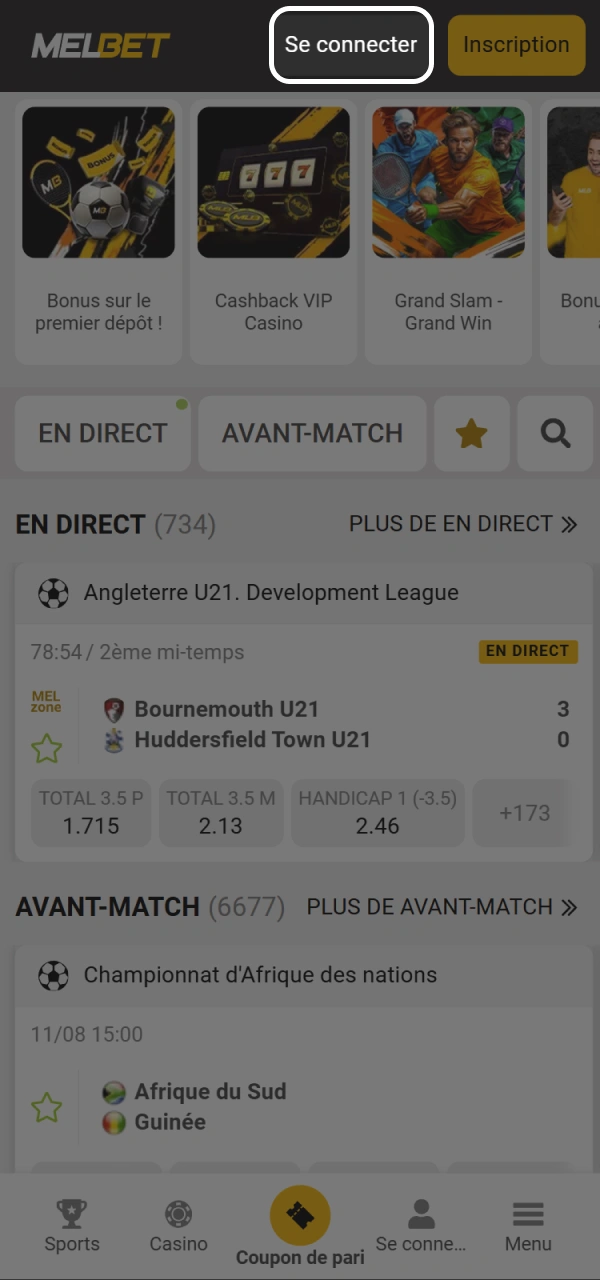 Connectez-vous à votre compte Melbet depuis la page principale.