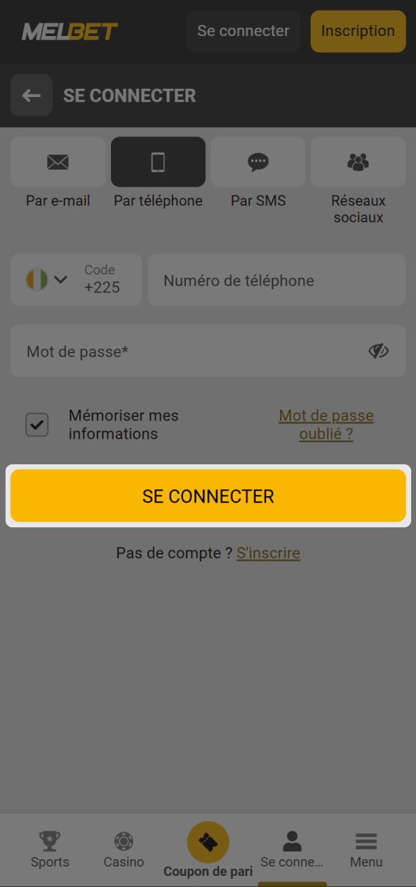 Appuyez sur le bouton de connexion pour accéder à Melbet.