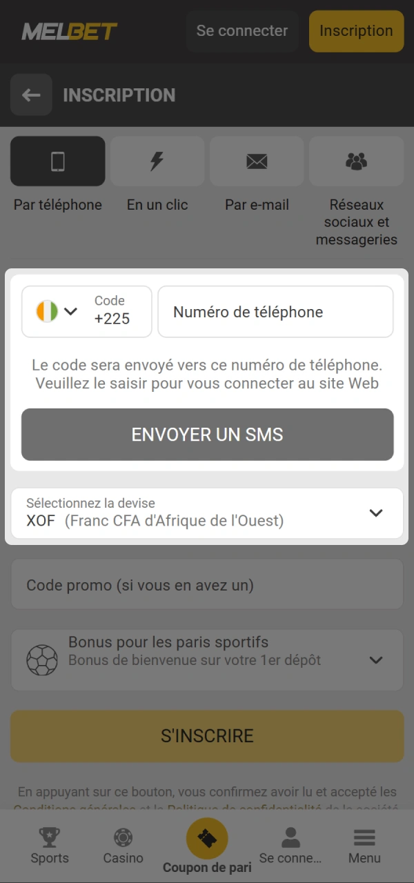 Remplissez les champs sur le site Web de Melbet Côte d'Ivoire.