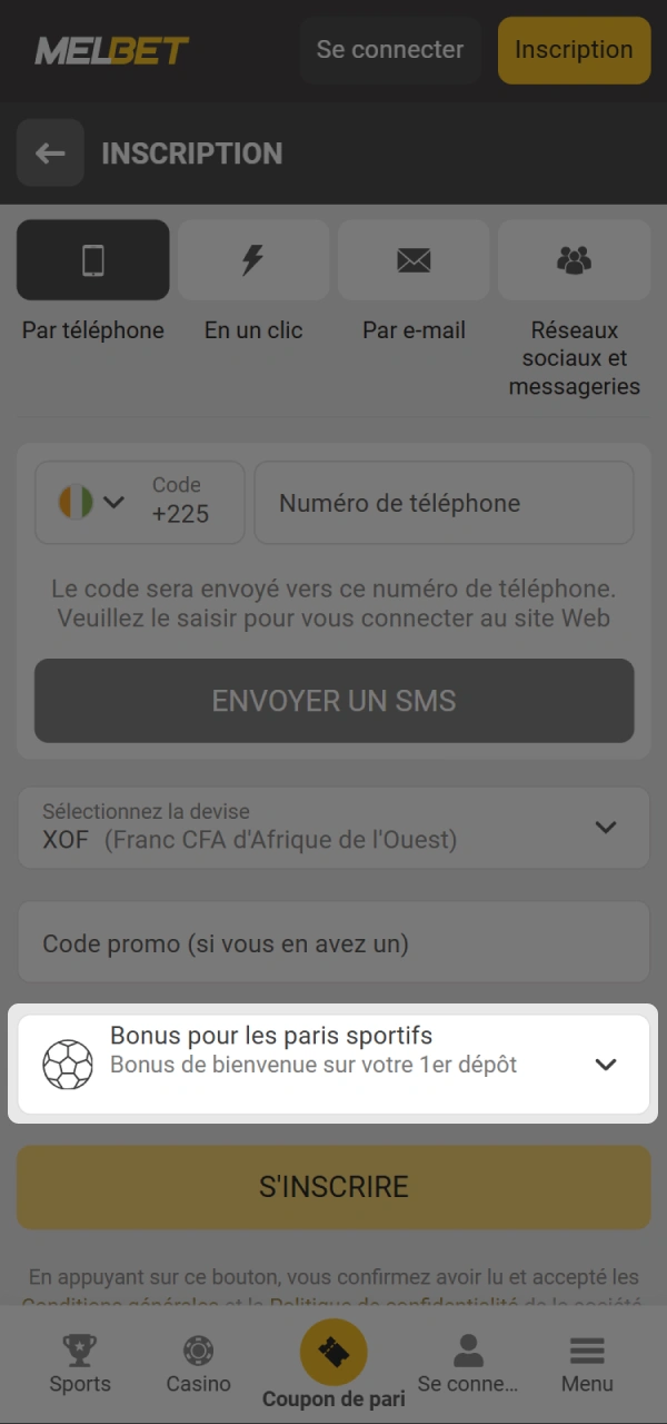 Sélectionnez votre bonus de bienvenue chez Melbet Cote d'Ivoire.