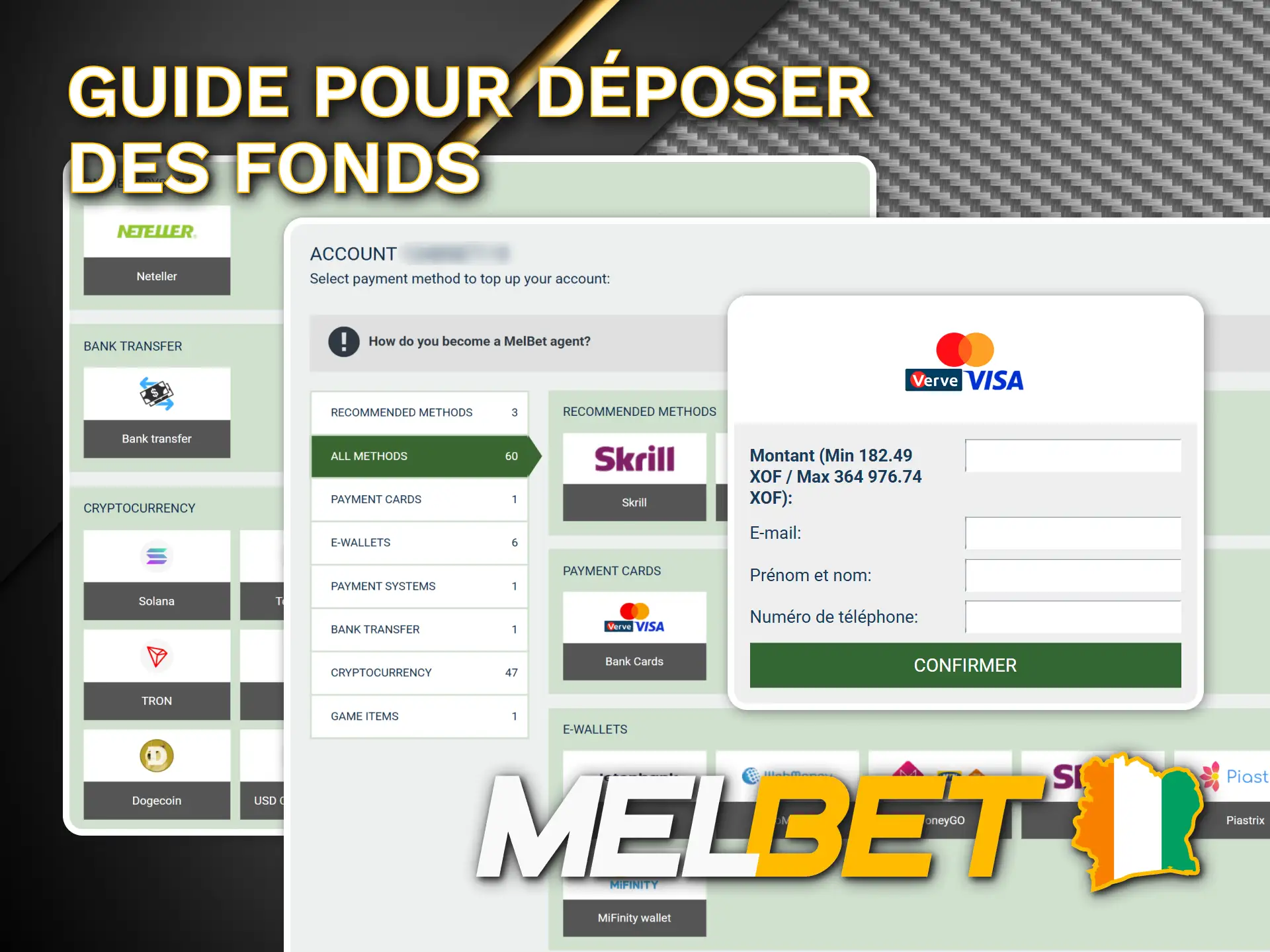 Déposez de l'argent instantanément sur votre compte Melbet en ligne.