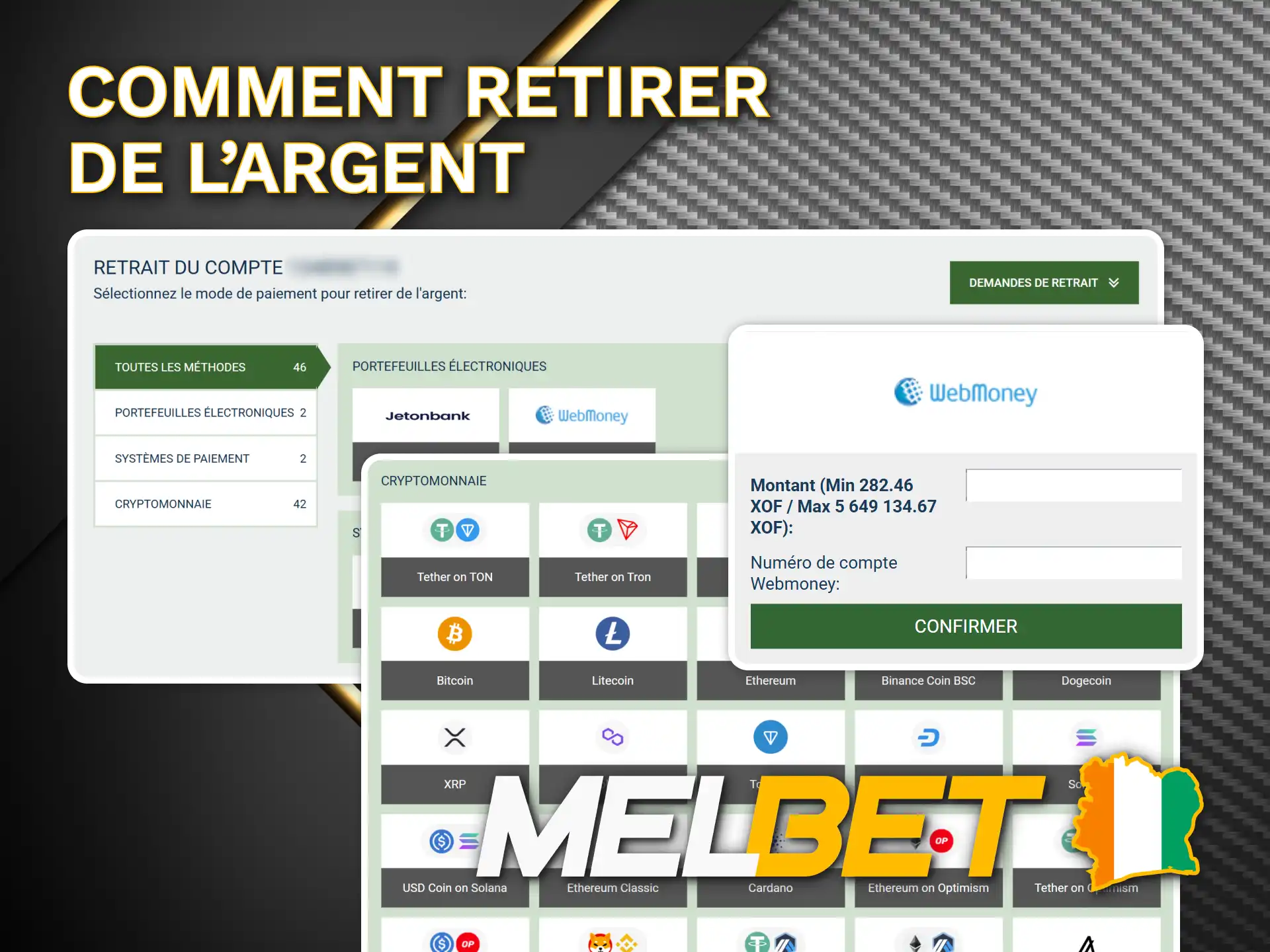Retirez rapidement vos gains de votre compte Melbet Côte d'Ivoire.