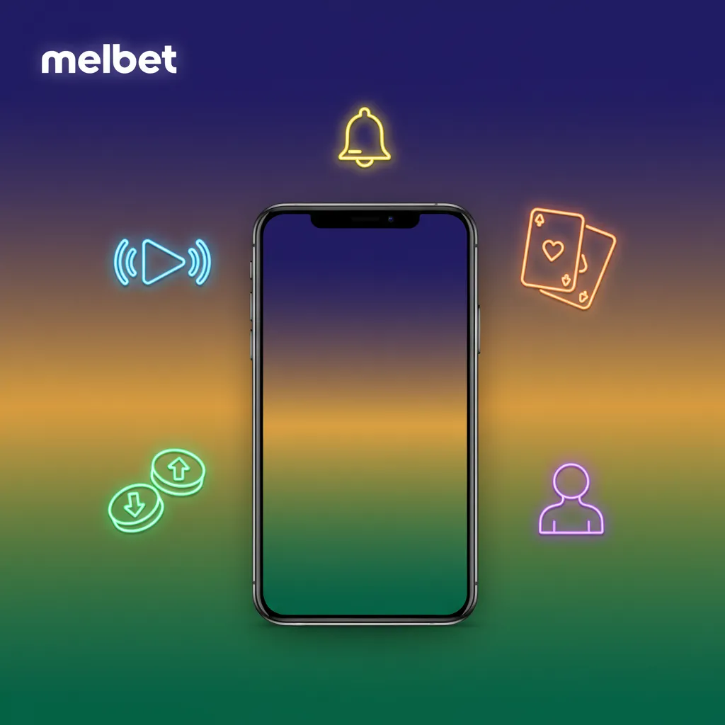 Smartphone affichant l’app Melbet: paris en direct, cotes live, casino, paiements locaux, profil et notifications.