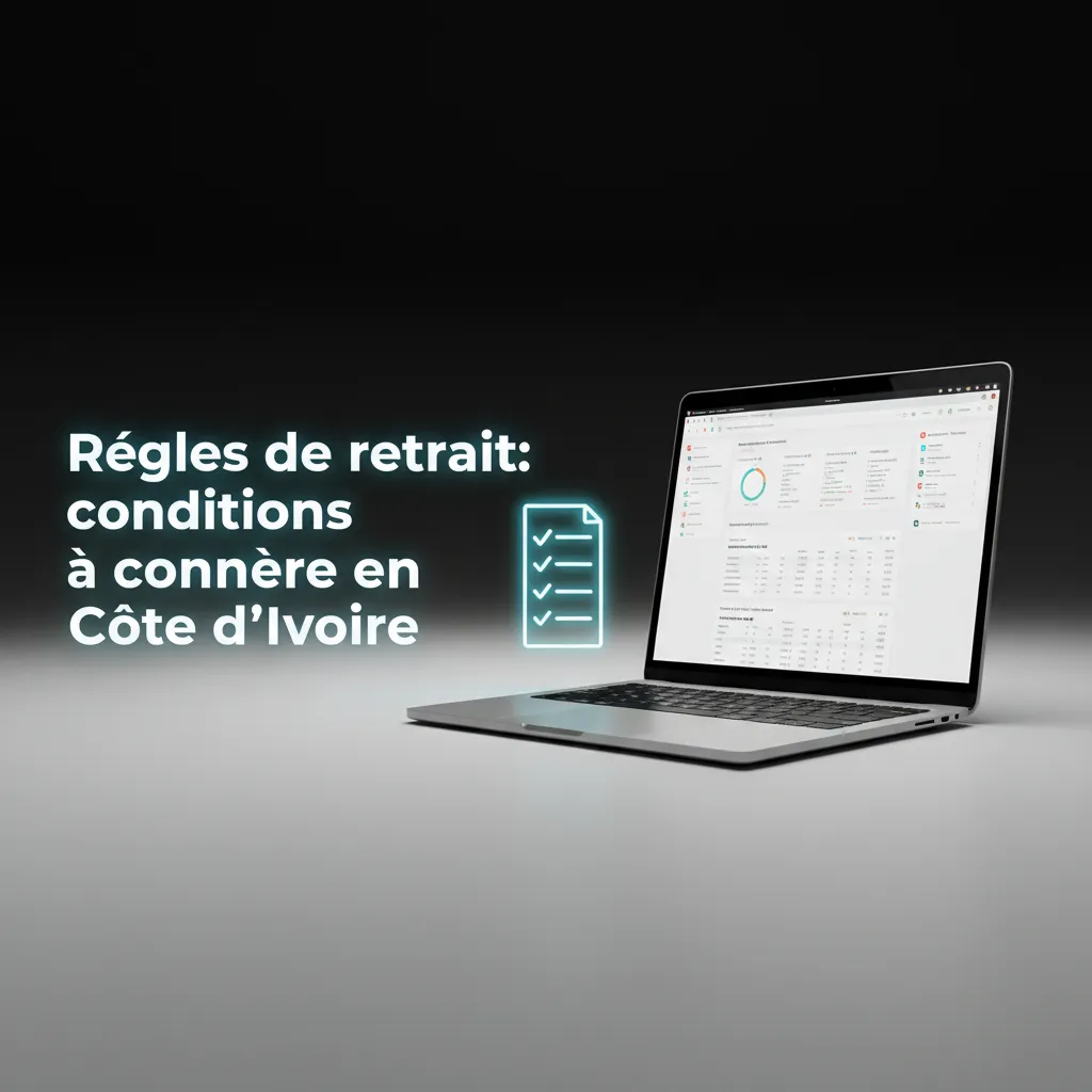 Infographie des règles de retrait en Côte d’Ivoire: KYC, moyen au même nom, méthode = dépôt, bonus, limites, anti‑fraude.